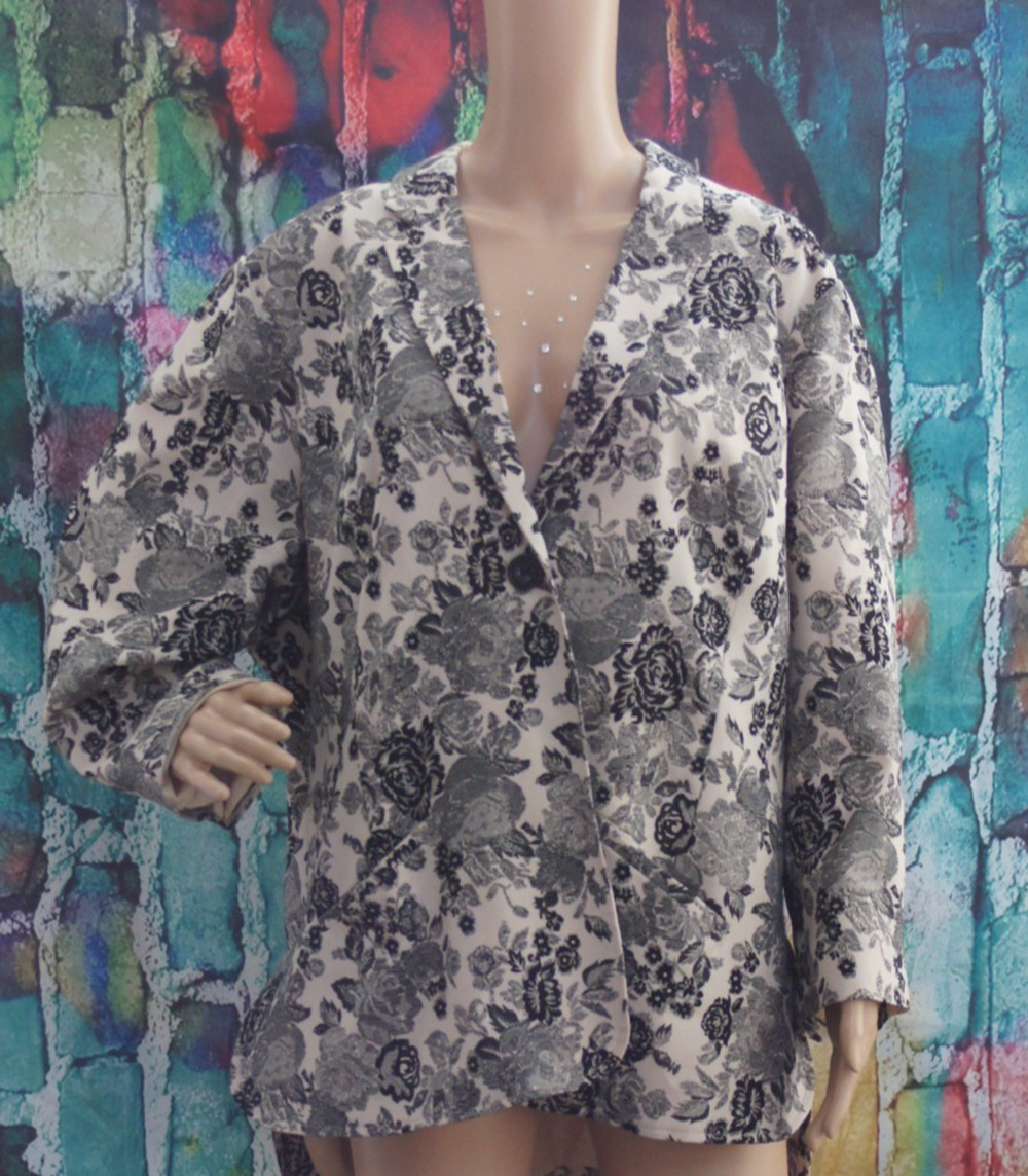 Coldwater Creek Blazer Sz 24 Beige Black Floral 1 Button Split Round Hem Career